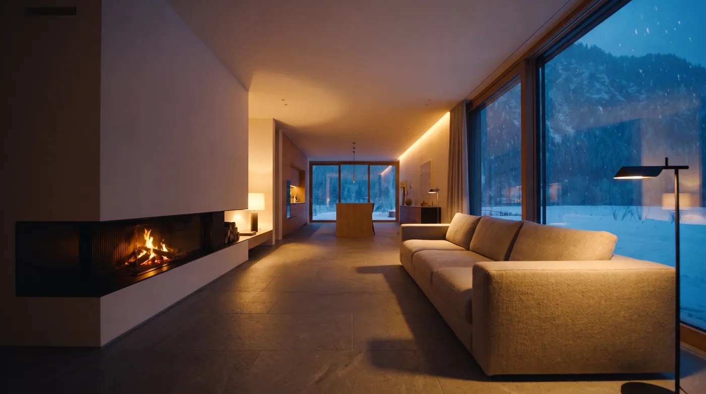 VINTERHUS living room with fireplace and snow view